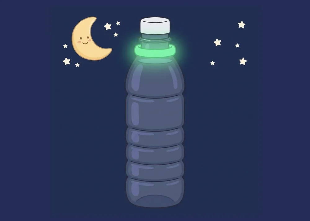 PET-Wasserflasche im Dunkeln, der LeviLoop-Ring leuchtet grün