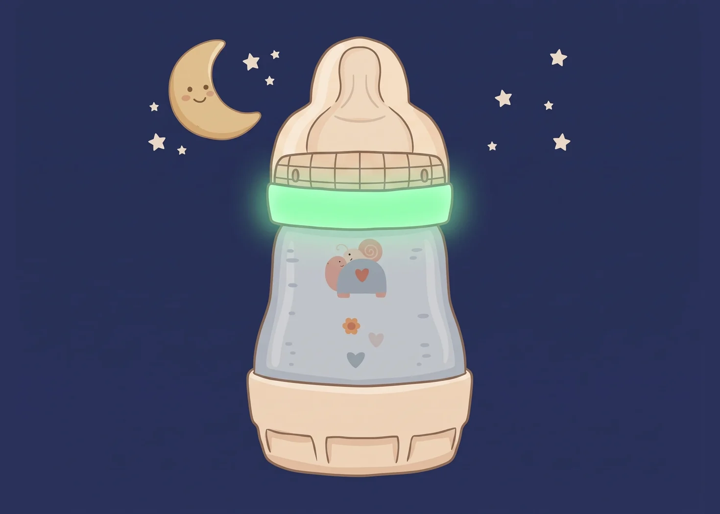 Eine Babyflasche im dunklen Zimmer, der LeviLoop-Ring leuchtet grün