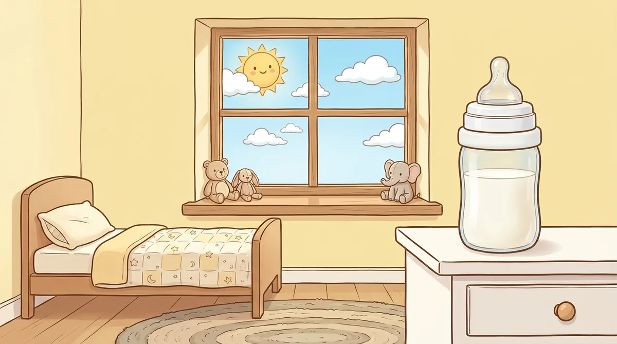 Kinderzimmer am Tag: die Babyflasche steht mit dem LeviLoop-Ring auf dem Nachttisch.